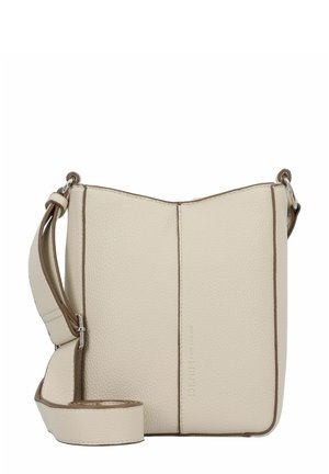 Cremefarbene Leder-Crossbody-Tasche mit einer strukturierten Oberfläche, braunem Rand, einem schmalen, verstellbaren Trageriemen und einem minimalistischen Design.