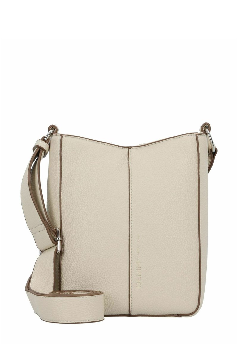 Cremefarbene Leder-Crossbody-Tasche mit einer strukturierten Oberfläche, braunem Rand, einem schmalen, verstellbaren Trageriemen und einem minimalistischen Design.