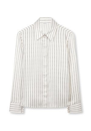 Weiße, langärmlige Bluse mit schwarzen vertikalen Streifen, spitzem Kragen und geknöpften Manschetten, flach auf weißem Hintergrund liegend präsentiert.