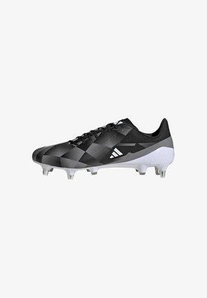 Black and gray soccer cleat with a textured upper, featuring a geometric pattern and white accents. Studded rubber outsole for grip.