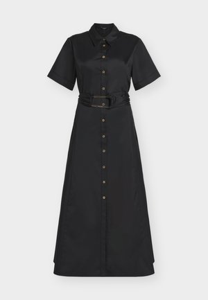 Μαύρο μίντι φόρεμα-πουκάμισο από σατέν με κοντά μανίκια, κουμπιά εμπρός, μυτερό γιακά και φαρδιά ζώνη με ορθογώνια αγκράφα.