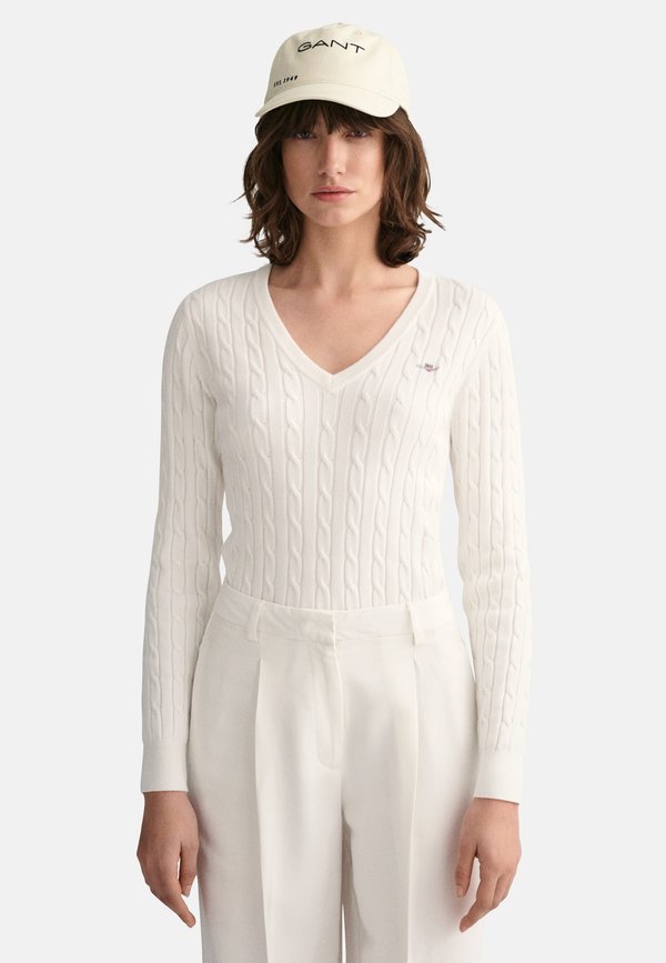 CABLE V NECK - Jumper - eggshell