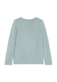 Světle modrý, dlouhý rukáv, svetr s kulatým výstřihem, s texturovaným pleteným vzorem a žebrovaným lemem, vyrobený z měkkého materiálu.