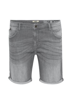 Shorts en denim gris avec une finition délavée, un design à cinq poches et des ourlets retroussés. Le tissu a une texture lisse avec des détails de couture subtils.