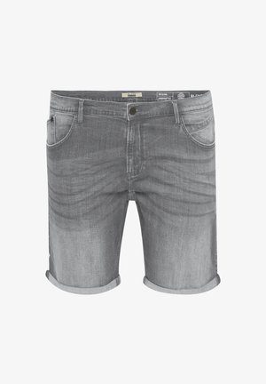 Szürke farmer rövidnadrág, amely elhasználódott hatású, öt zsebes dizájnnal és felgöngyölt szegéllyel rendelkezik. Az anyag sima tapintású, finom varrási részletekkel.