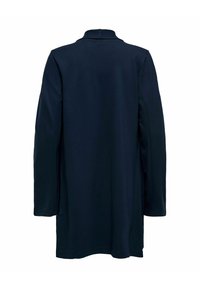 Manteau bleu marine à manches longues avec une coupe droite, présenté de dos, doté d'un petit col et d'un design simple.