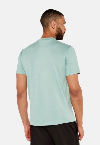 Camiseta de manga corta verde menta hecha de tela suave con cuello redondo, que presenta un corte regular y sin patrones o logotipos visibles.
