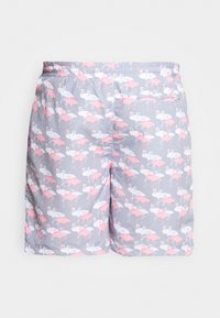 Szürke háttérrel és rózsaszín flamingó mintával ellátott úszóshorts. Rugalmas derékpánt hátsó zsebbel. Könnyű, sima anyag.