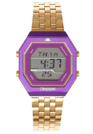Digitalur med en lilla ottekantet urskive, guld accenter og et armbånd i metal af guld. Funktionen inkluderer lys, alarm og chronografindstillinger.