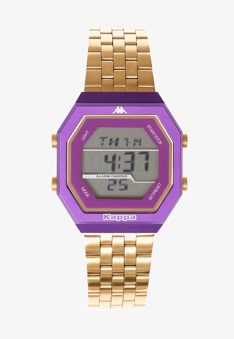 Digital klocka med en lila oktagonformad urtavla, guldaccenter och ett armband i guldmetall. Funkar inkluderar ljus, väckarklocka och chronografinställningar.