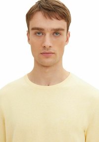 Light yellow knit sweater with a crew neckline and ribbed cuffs, featuring a subtle logo near the chest. Smooth texture, casual design.