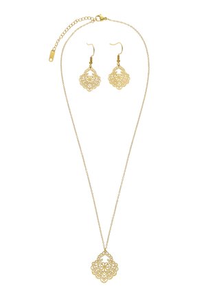 Gold-tone necklace and matching earrings with intricate filigree floral design on a fine chain and fishhook ear wires.