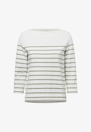 Witte katoenen blouse met lange mouwen en horizontale olijfgroene strepen, met een brede halslijn en een rechte snit.