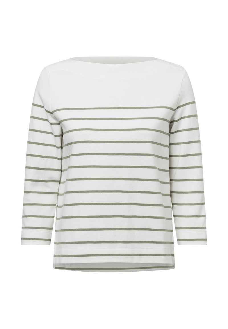 Witte katoenen blouse met lange mouwen en horizontale olijfgroene strepen, met een brede halslijn en een rechte snit.