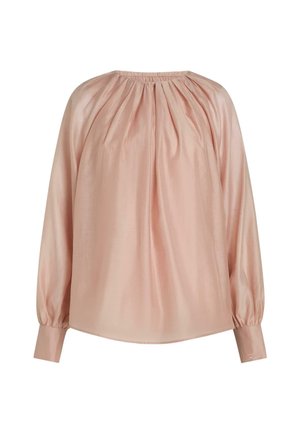 Blusa a maniche lunghe, vestibilità ampia, in raso rosa pallido con scollo arricciato e ampi polsini con ricami sottili.