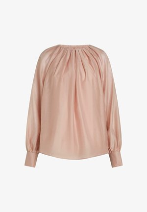 Blusa a maniche lunghe, vestibilità ampia, in raso rosa pallido con scollo arricciato e ampi polsini con ricami sottili.