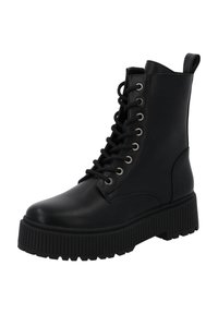 Botas de tobillo de cuero negro con punta redonda, suela gruesa texturizada y seis ojales para cordones en la parte delantera. Incluye un tirador en el talón para facilitar su uso.