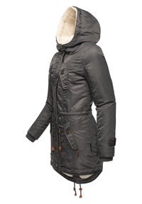Gray insulated jacket with a faux fur-lined hood, zip and button closures, two front pockets, and a drawstring waist. Features ribbed cuffs.