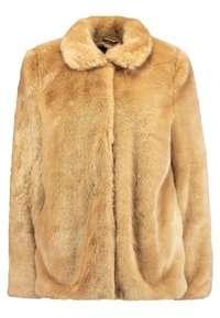 Fuskpälsjacka i en varm beige nyans med rundad krage, mjuk textur och två sidofickor. Klassisk design med lös passform.