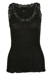 Canottiera nera a coste con scollatura in pizzo ondulato. Tessuto morbido, design aderente e stile senza maniche per una vestibilità confortevole.