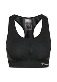 Svart sport-bh med en slät yta, racerback-design, nätinsatser och en elastisk band med en logo på vänster sida.