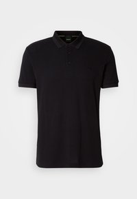 Polo noir en coton, doté d'un col, d'une patte à trois boutons et d'un logo brodé sur la poitrine. Manches courtes, texture lisse.