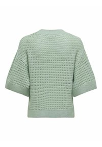 Ljusgrön stickad tröja med en strukturerad mönster, korta ärmar och ribbad halsringning. Har en lös passform och ett öppet vävda design.