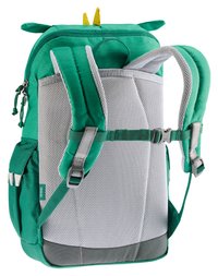 Mochila verde com um painel traseiro em malha texturizada, alças acolchoadas e acentos amarelos. Apresenta bolsos laterais e alças ajustáveis para conforto.