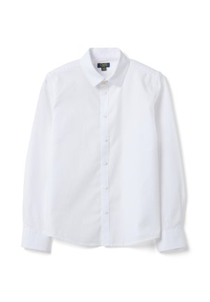 Witte blouse met lange mouwen en knopen, met kraag, gelabeld "OVS kids", plat uitgerold op een witte achtergrond.