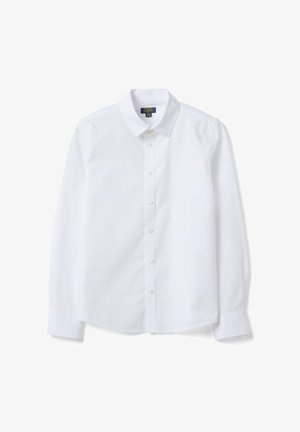 Weißes, langärmeliges Hemd mit Knöpfen und Kragen, mit dem Etikett "OVS Kids", flach auf weißem Hintergrund präsentiert.