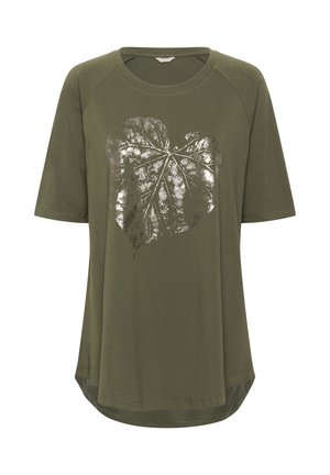 Olivno zelen T-maica s kratkimi raglan rokavi, ki ima na sprednji strani metalno srebrn motiv lista in zaobljen rob.