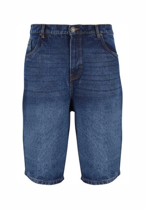 Jeansshorts i mörkblått med fem fickor, dragkedja och rak passform. Den urblekta texturen ger visuell variation.
