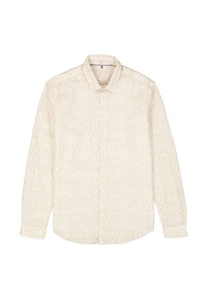 Camisa de botones beige clara con un sutil patrón floral. Mangas largas, textura suave y un diseño clásico de cuello.