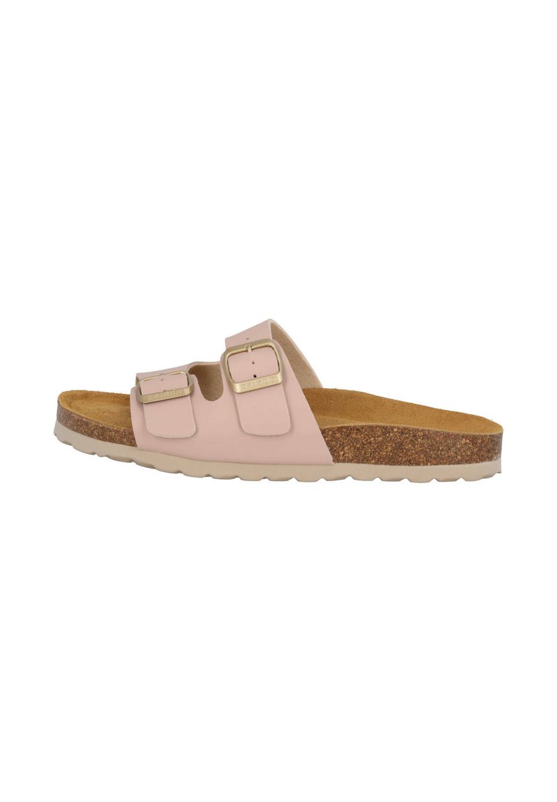Infradito rosa chiaro con due cinturini regolabili a fibbia, suola in sughero e suola in gomma texturizzata per una migliore aderenza.