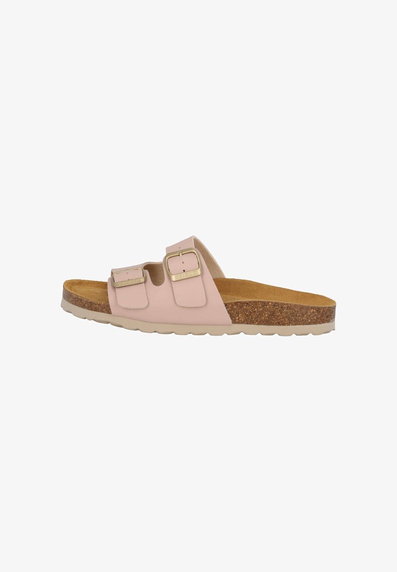 Jasnoróżowe klapki na płaskiej podeszwie z dwoma regulowanymi klamrami, korkowym wkładem na stopę oraz teksturowaną gumową podeszwą dla lepszej przyczepności.