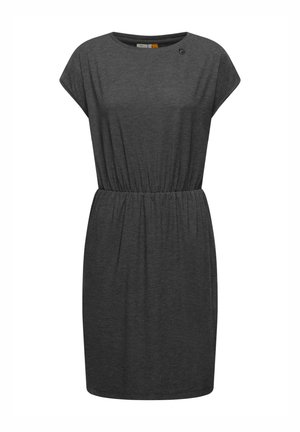 Robe en jersey grise à manches courtes, taille froncée, encolure ronde et un petit bouton décoratif près de l'épaule. Design simple.