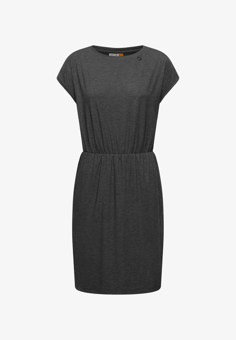 Hall ülikond, lühikeste varrukatega, kogutud vöökoht, ümmargune kaelus ja väike dekoratiivne nupp õla lähedal. Lihtne disain.