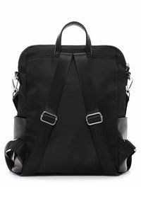 Black backpack made from fabric with a sleek design. Features adjustable straps, dual handles, and metallic hardware accents.