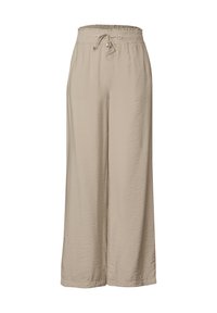 Lichtbeige wijde broek, gemaakt van zachte, gekreukte stof. Heeft een trekkoord in de taille en een relaxte pasvorm voor comfort.
