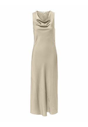 Beżowa, satynowa sukienka midi bez rękawów z dekoltem typu „woda” i subtelnym ukośnym szwem z przodu, gładka w fakturze, o luźnym kroju.