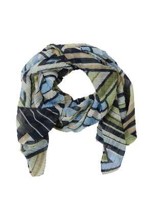 Écharpe légère et froissée présentant un motif géométrique en bleu, vert et noir. Le matériau semble transparent avec une texture douce.