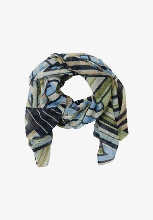 Lichtgewicht, geplooide sjaal met een geometrisch patroon in blauw, groen en zwart. Materiaal lijkt doorschijnend met een zachte textuur.