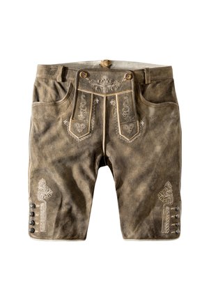 Traditionelle braune Wildleder-Lederhosen-Shorts mit bestickten Mustern, Frontklappe mit Knöpfen und dekorativen Knöpfen an den unteren Seiten.
