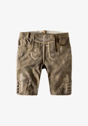 Traditionelle braune Wildleder-Lederhosen-Shorts mit bestickten Mustern, Frontklappe mit Knöpfen und dekorativen Knöpfen an den unteren Seiten.