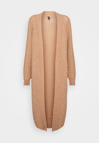 Ljusbrun stickad cardigan med ribbad textur, öppen front och långa ärmar. Har en avslappnad passform och subtil vågmönster.