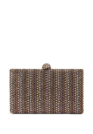 Clutch da sera rettangolare ricoperto di strass multicolori con una chiusura decorativa tono oro rosa sulla parte superiore.
