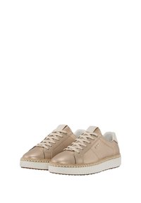 Metallic beige Sneaker mit glatter Oberfläche, klassischem Schnürdesign, gewebter Zwischensohle und weißer Gummisohle.