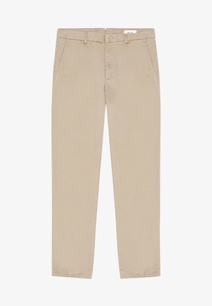 Beige chino's van katoen met een gladde textuur, voorzien van twee voorkruiden en een rits. Rechte pijp, zonder patronen of accenten.