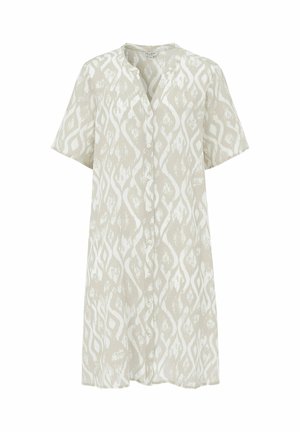 Kurzärmeliges Knopfkleid mit cremefarbenem und beigem abstraktem Rautenmuster und rundem Ausschnitt, knielang, leichter Stoff.