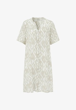 Sukienka z krótkim rękawem i guzikami, z kremowym i beżowym abstrakcyjnym diamentowym wzorem, okrągłym dekoltem, długość do kolan, lekka tkanina.